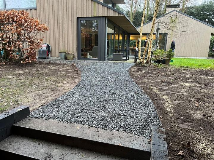 Nieuw slingerend grindpad met stalen kanten naar een moderne woning