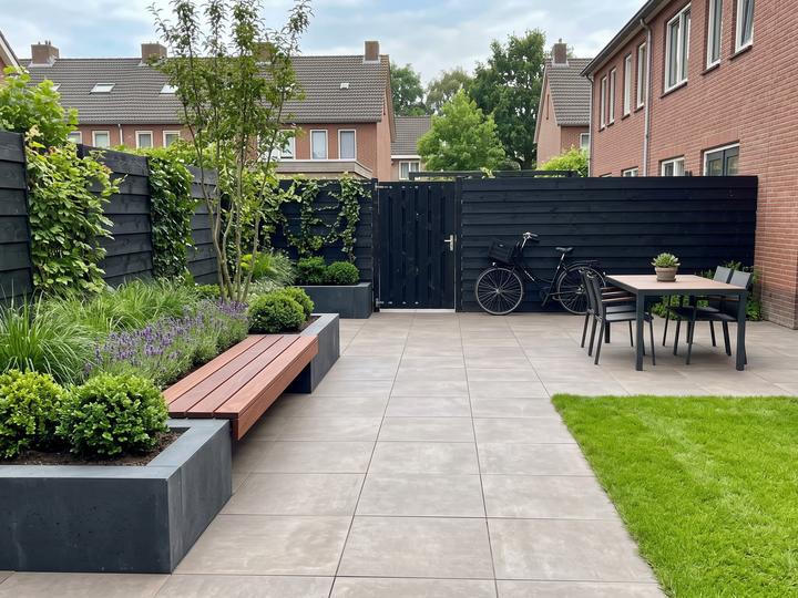 Impressie van een nieuw terras met grote keramische tegels, plantenbak met zitbank en gazon