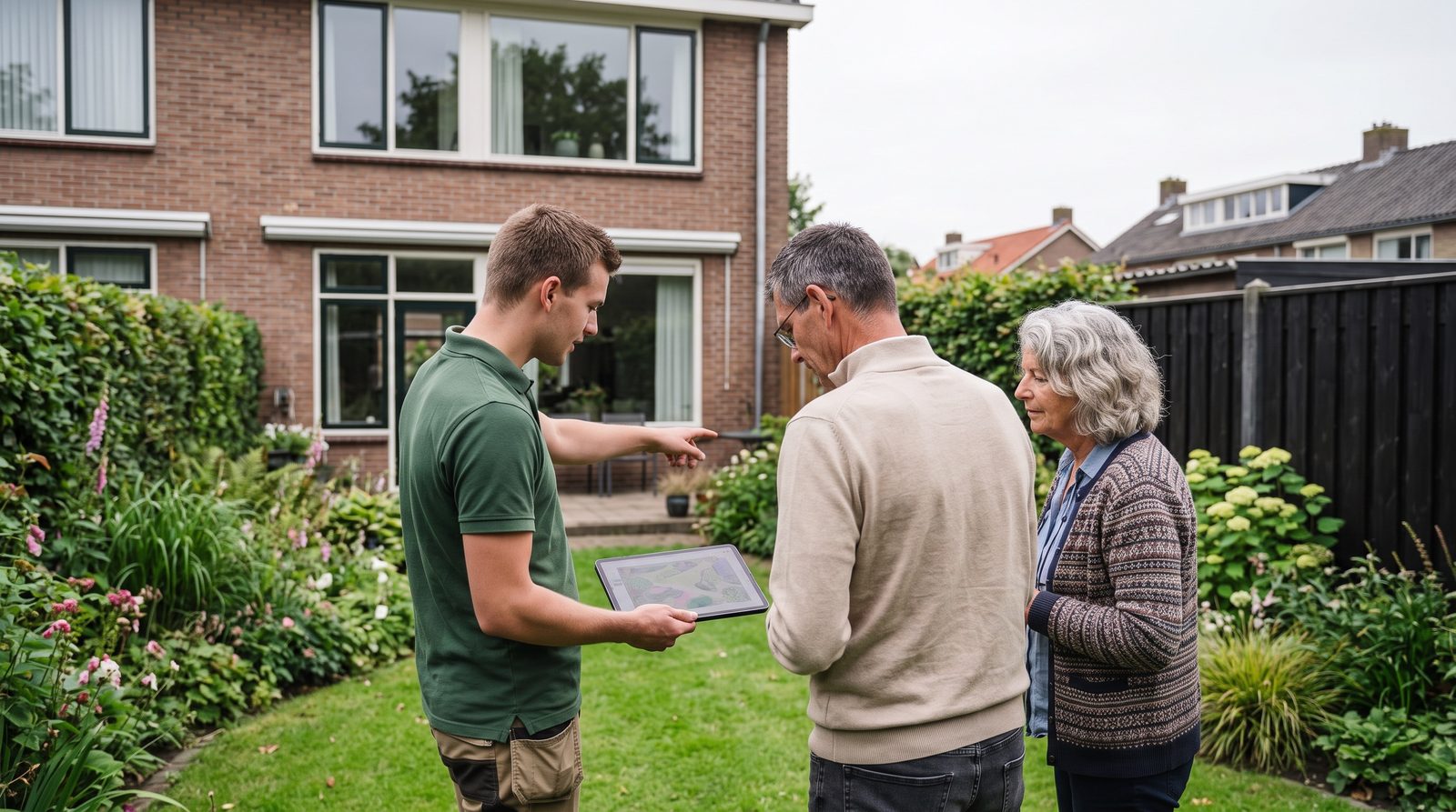 Hovenier laat een echtpaar in hun achtertuin een tuinplan op een tablet zien